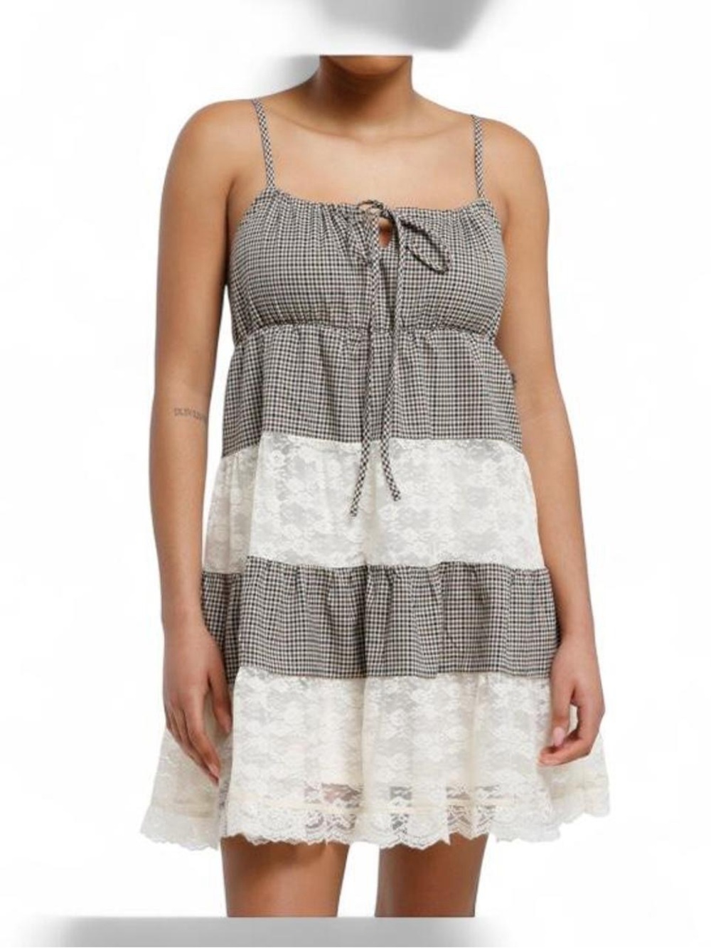 Thorn & Fable Brown Plaid & Lace Tiered
Babydoll Dress Size M